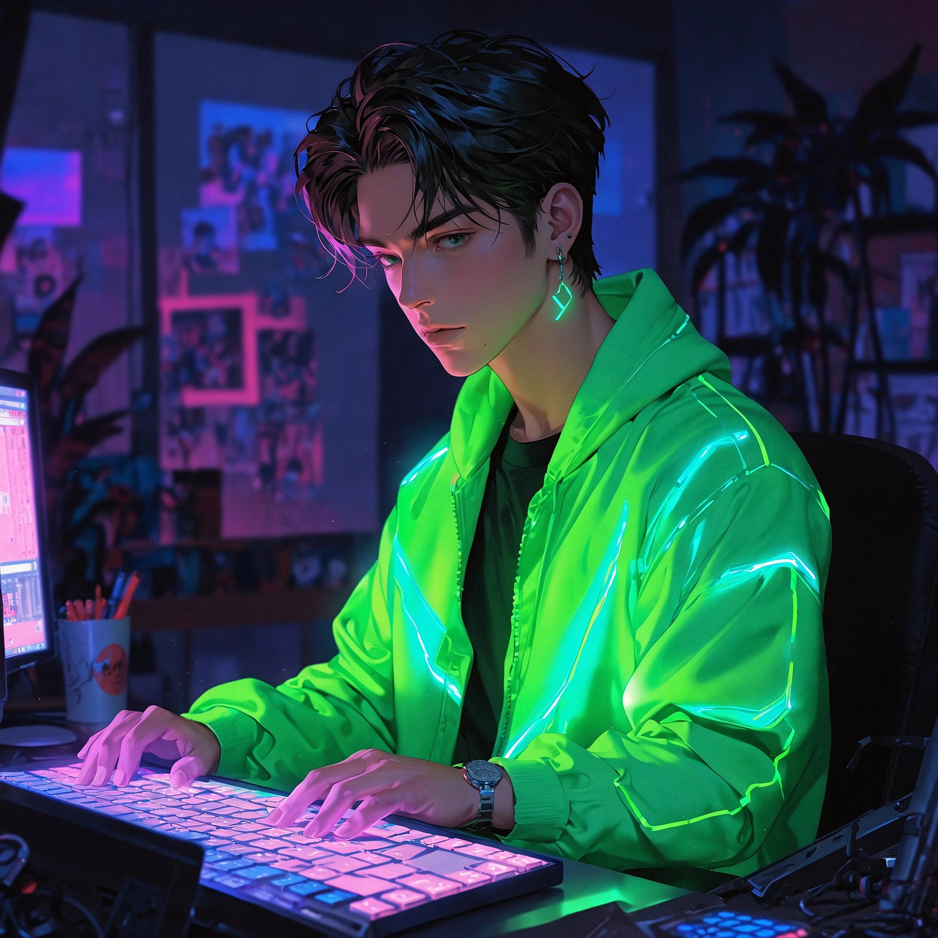 K-Pop star at home uploading music on to his computer